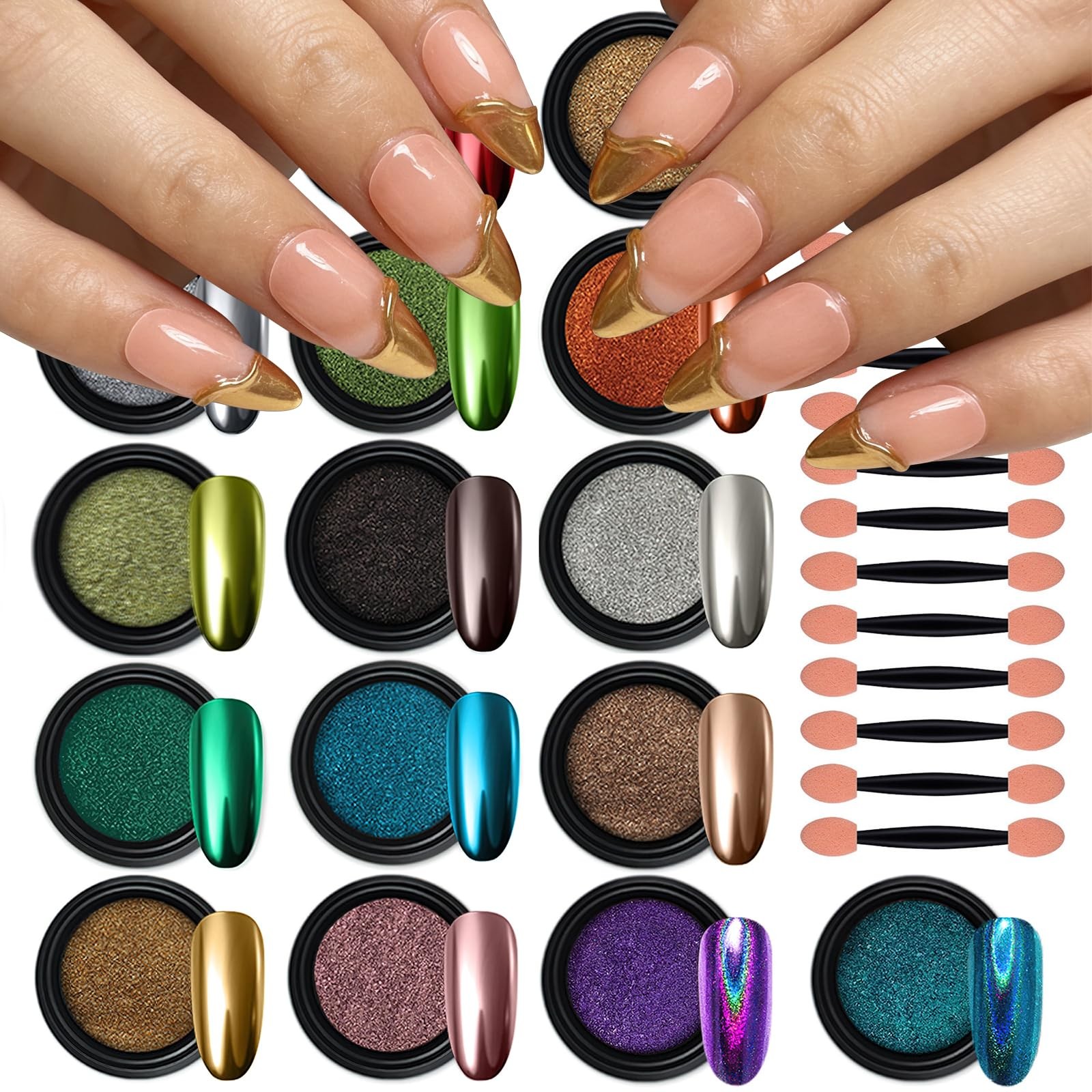 16 Colors Chrome Nail Powder, Iridescent Aurora Powder Metallic Mirror Effect…