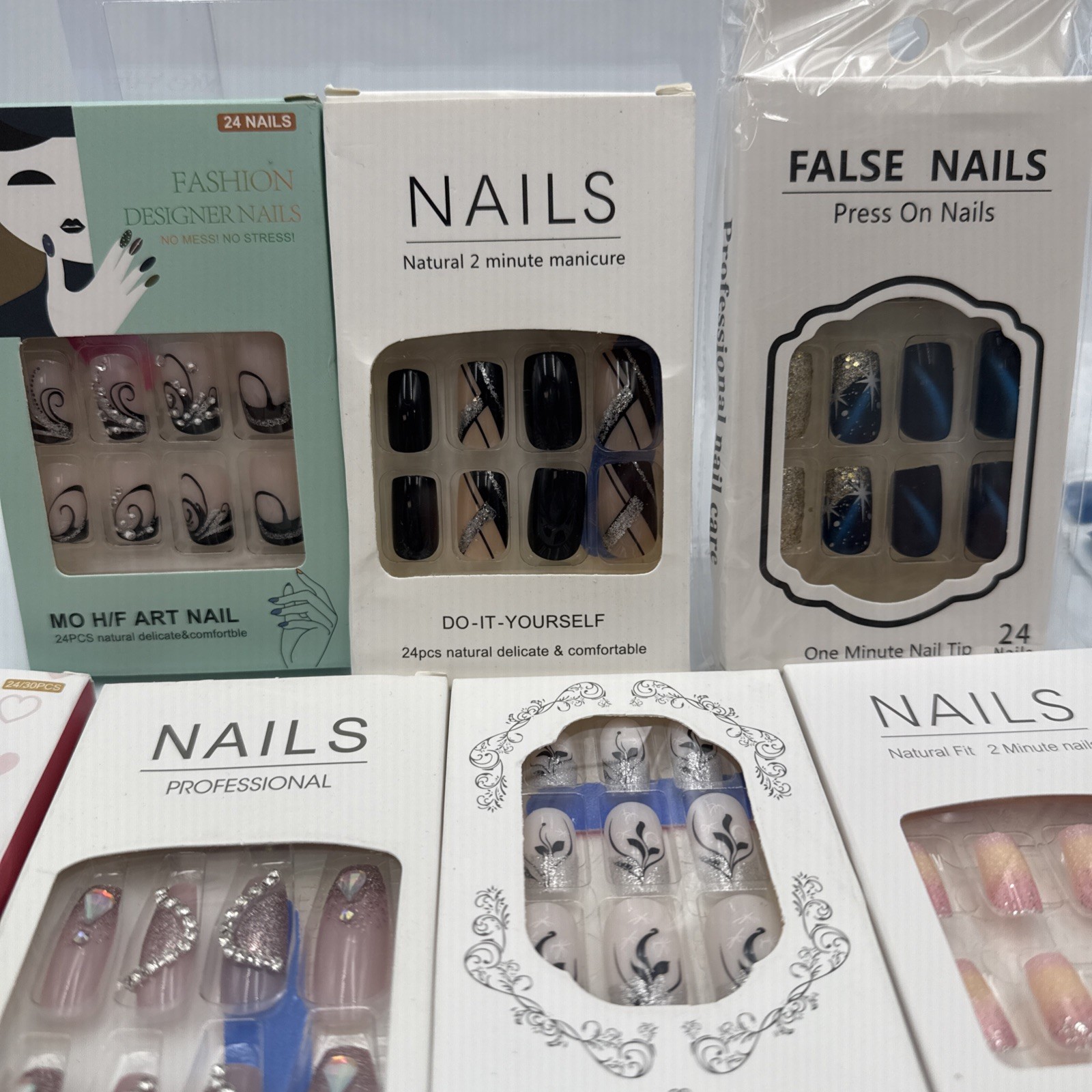 Lot of 15 Nail Sets – Glue On. Various Shapes, Colors, Designs