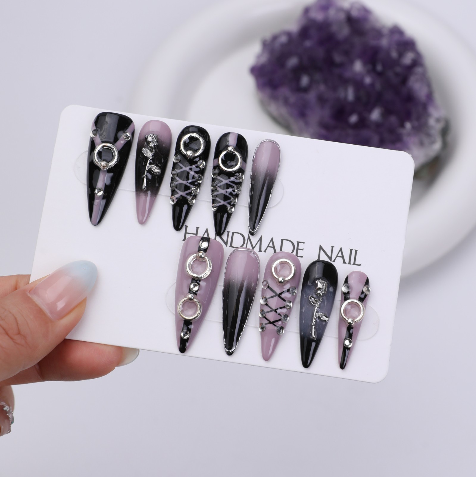 Black Purple Stiletto Press On Nails Long Gothic Rhinestone Reusable Set Glue On