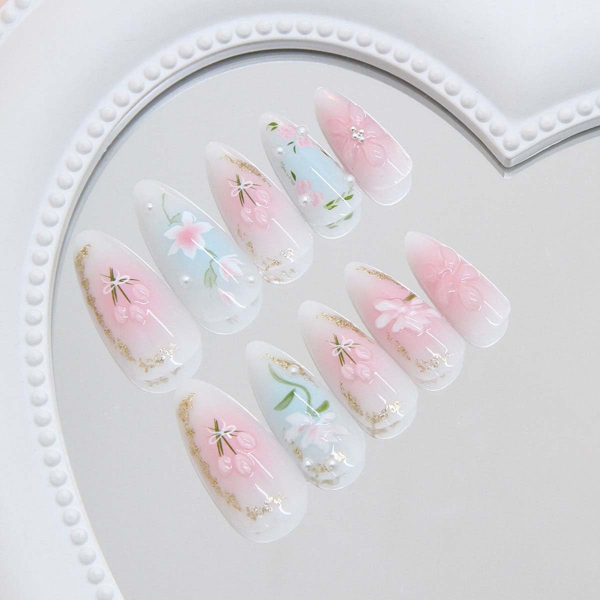 24Pcs Spring Press on Nails Medium Almond Pink Flower Leaf Fake Nails with 3D Go