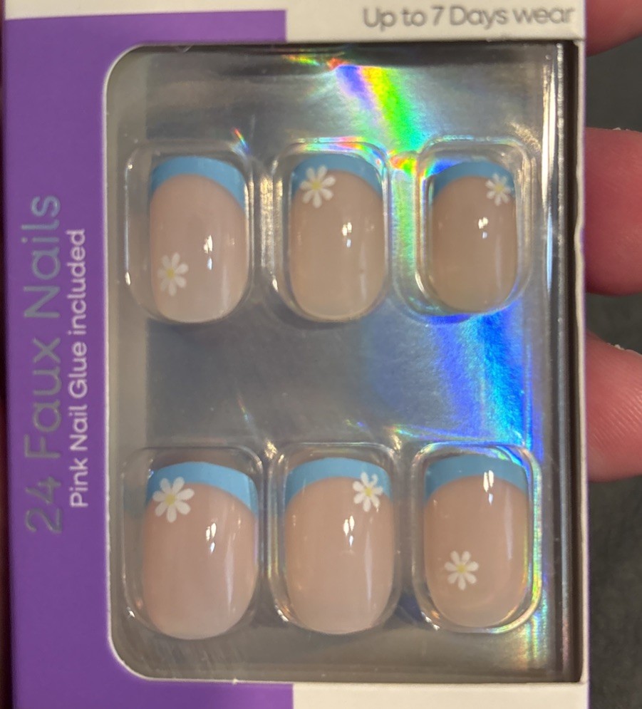 Pretty Woman Style Faux Nails 24 Count w/ Glue – Blue Tip Floral – New