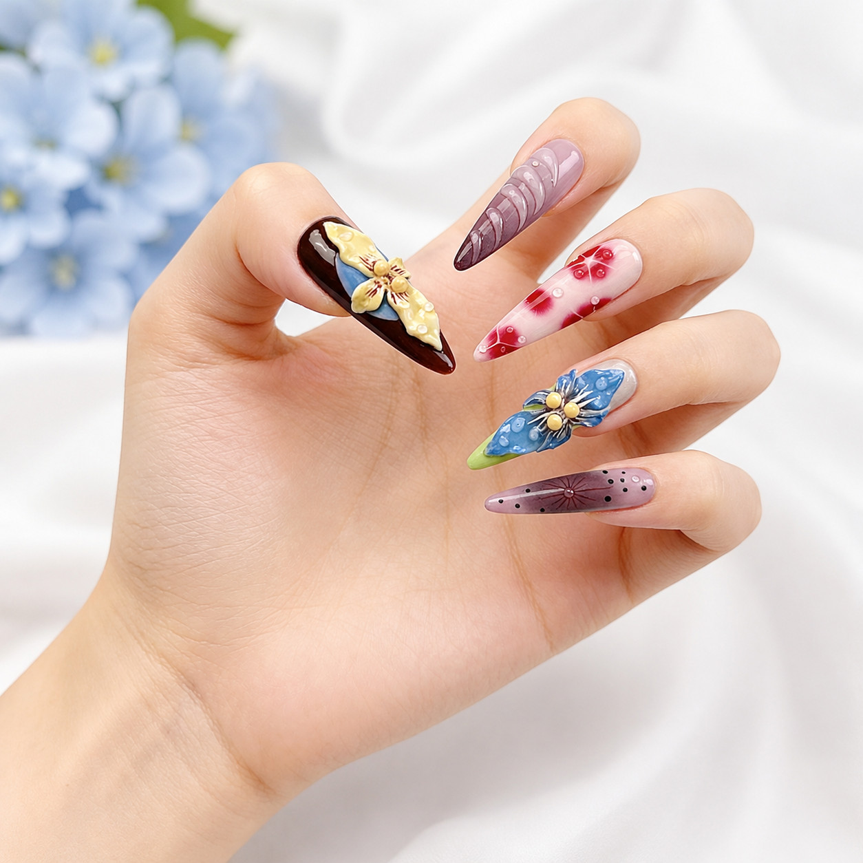 Press On Nails Extra Long Stiletto 3D Flower Butterfly Water Drop Y2K Nail Set