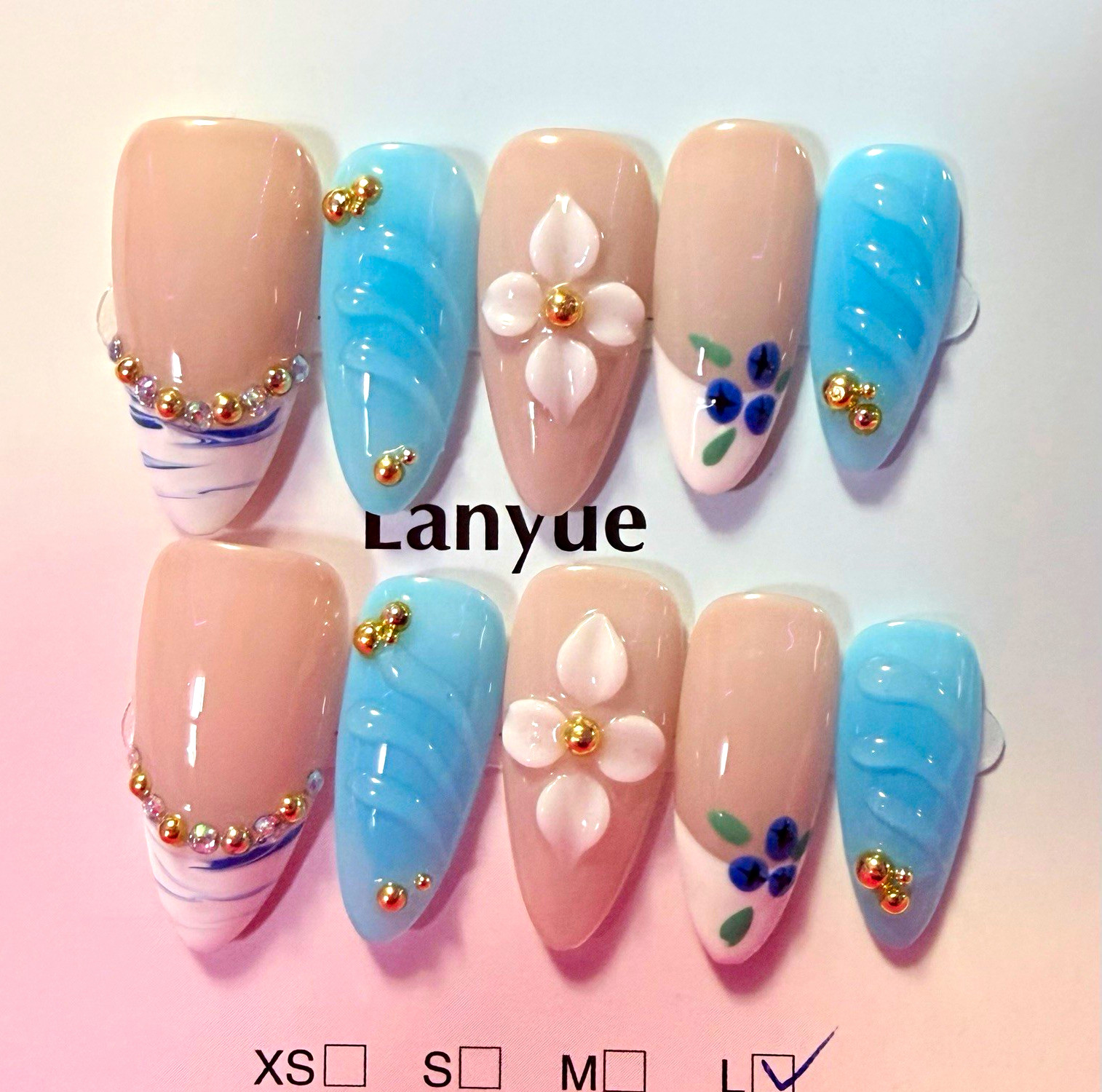 Lanyue Blue/Nude/White 3D Floral Almond Press-On Nails, Long, Full Cover