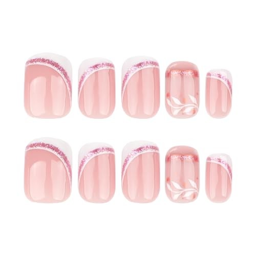 French Press On Nails Short Square, Nude Fake Nails with White 27-Gilded Wave