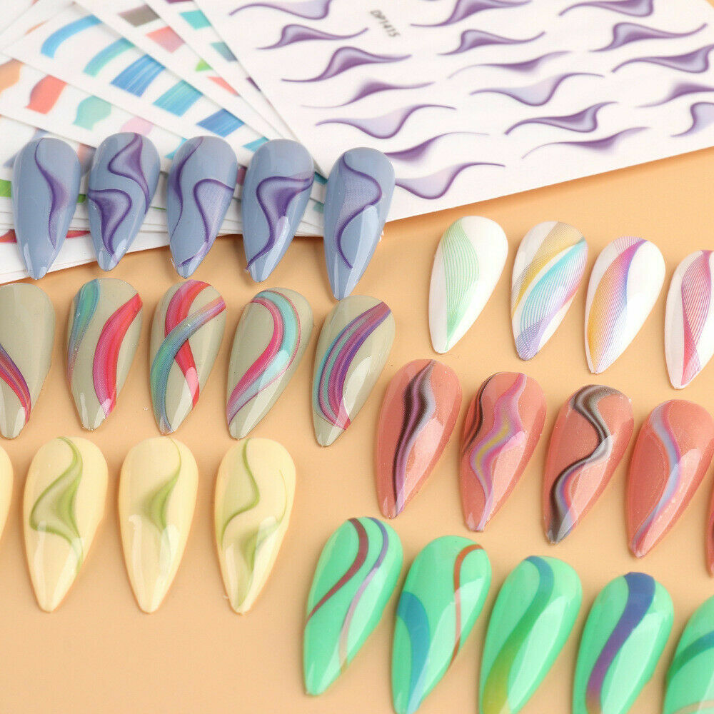 Nail Art Stickers Decal Transfer Colorful Wavy Swirls French Lines Manicure NH10