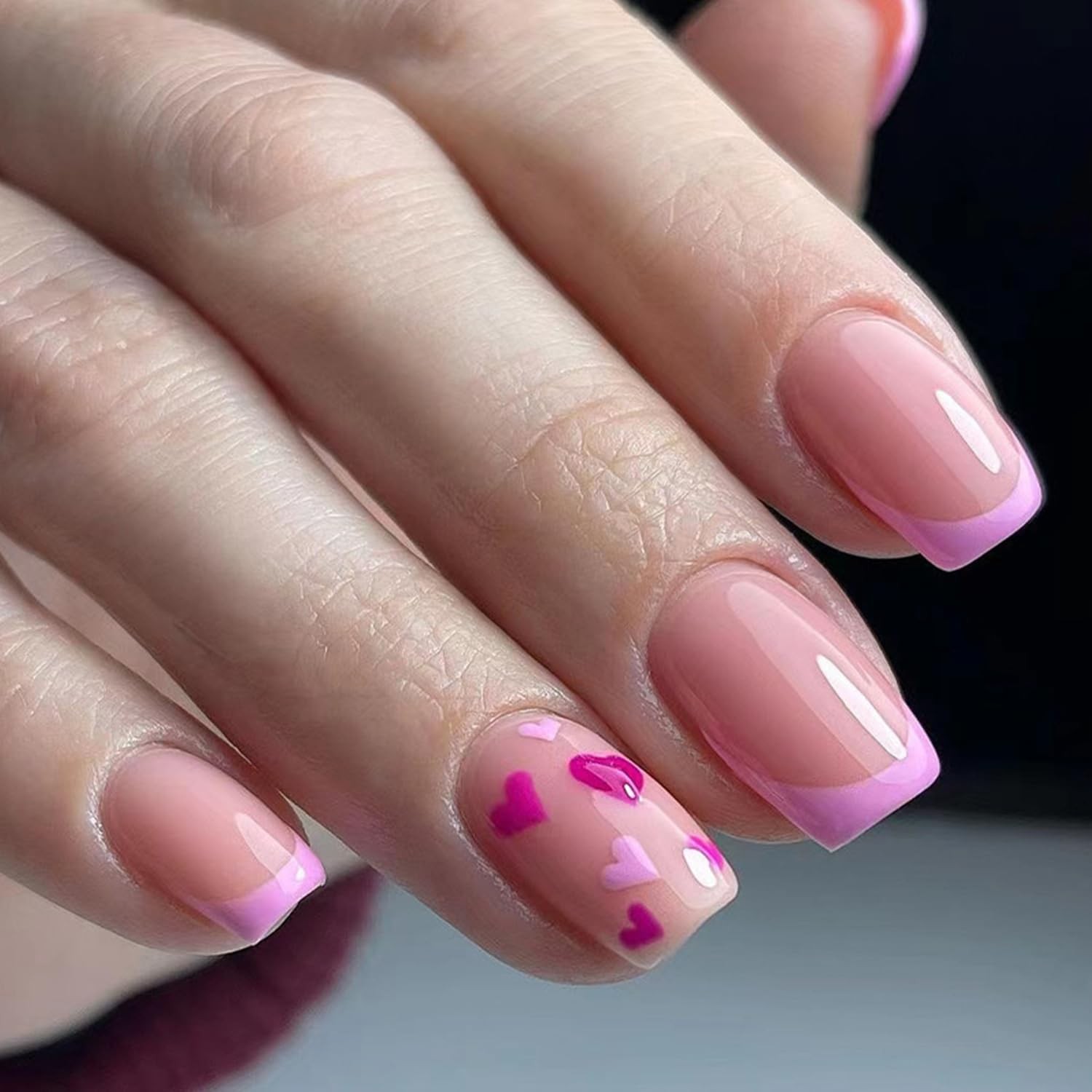 French Tip Press On Nails Short Square Valentine’s Day Glue On With Cute Love…