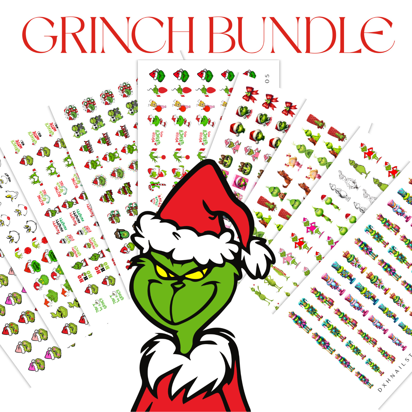 Christmas Grinch Nail Decal 9 Sheet Bundle Water Transfer Nail Decals