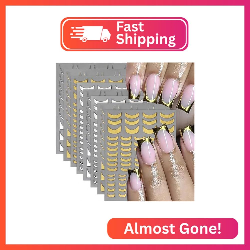 BYJKYEN French Tip Nail Stickers, Gold & Silver, 8 Sheets, Self-Adhesive, French