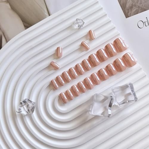 Nude Press On Nails Short – Chrome Press On Nails Square, Sparkly square peach