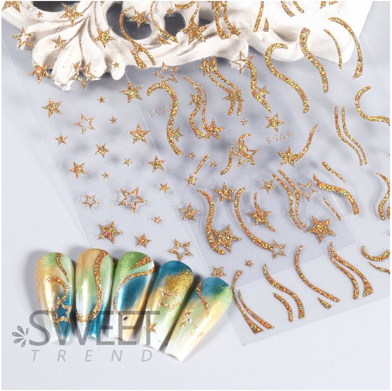 Gold Glitter Nail Stickers Heart Star Butterfly French Line Transfer Decals NS52