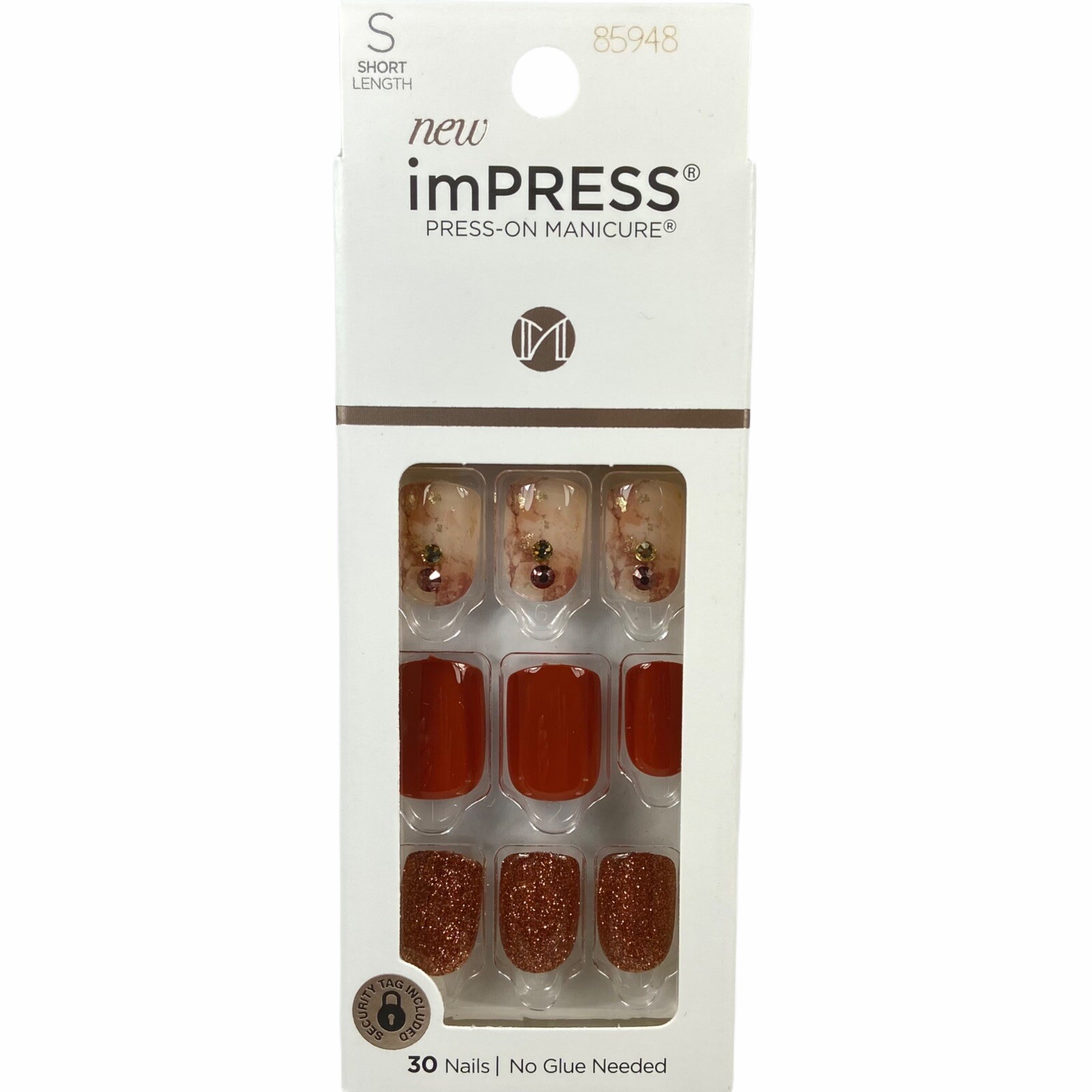 NEW Kiss Nails Impress Press On Manicure Short Gel Burnt Orange Marble Glitter