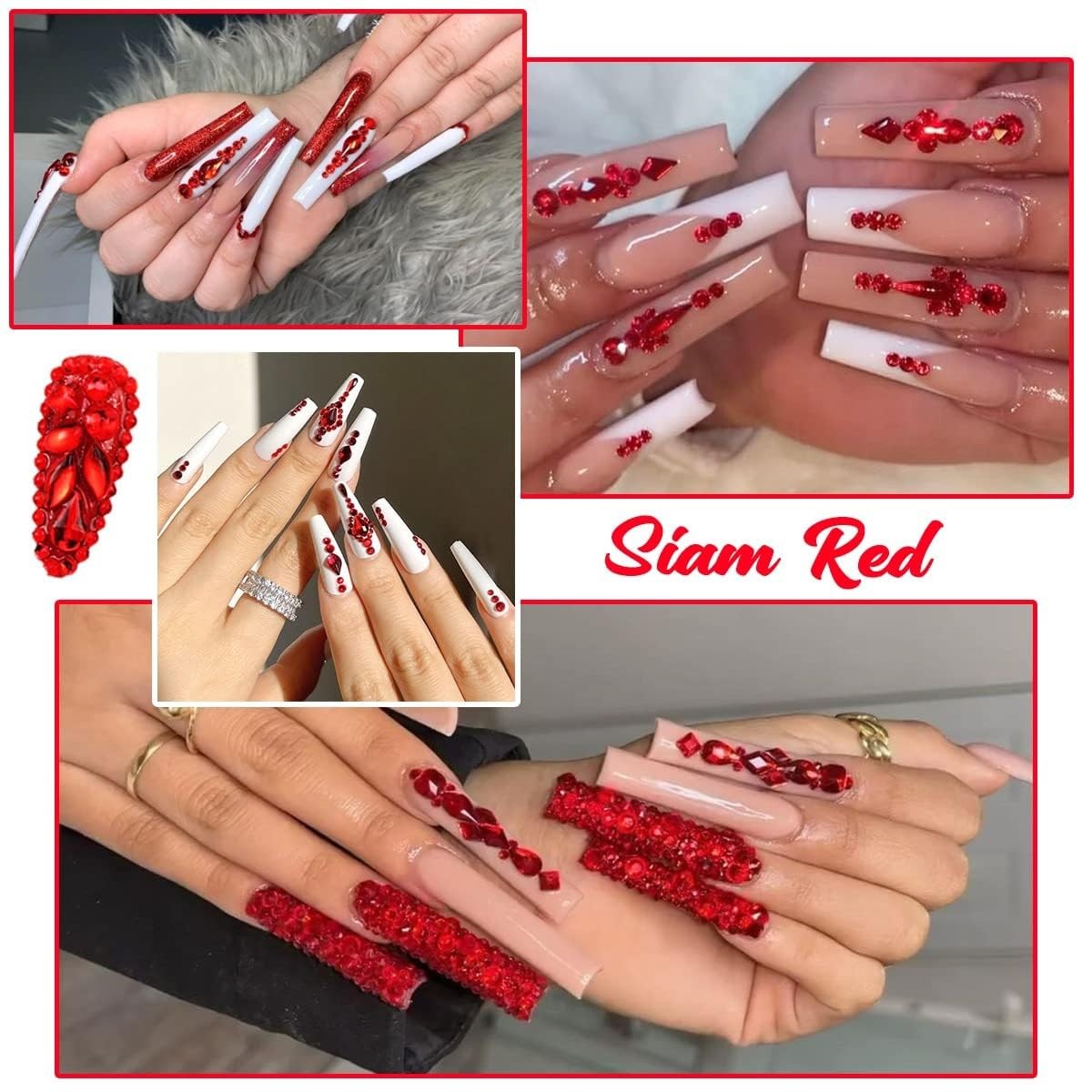 2052Pcs Nail Art Rhinestones Multi Shapes Crystal Flatback A Set Red