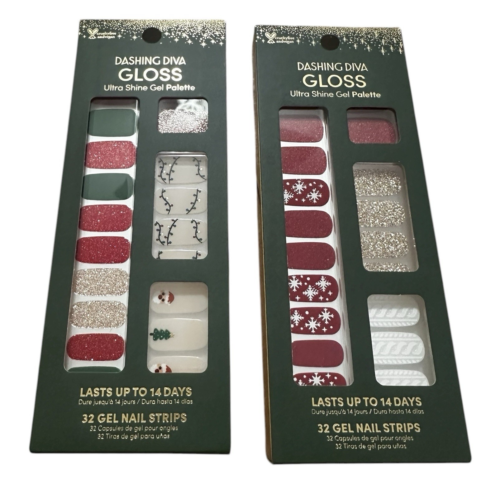 2 Sets Dashing Diva Gloss Ultra Shine Gel Nail Strips Christmas Red Green Snow