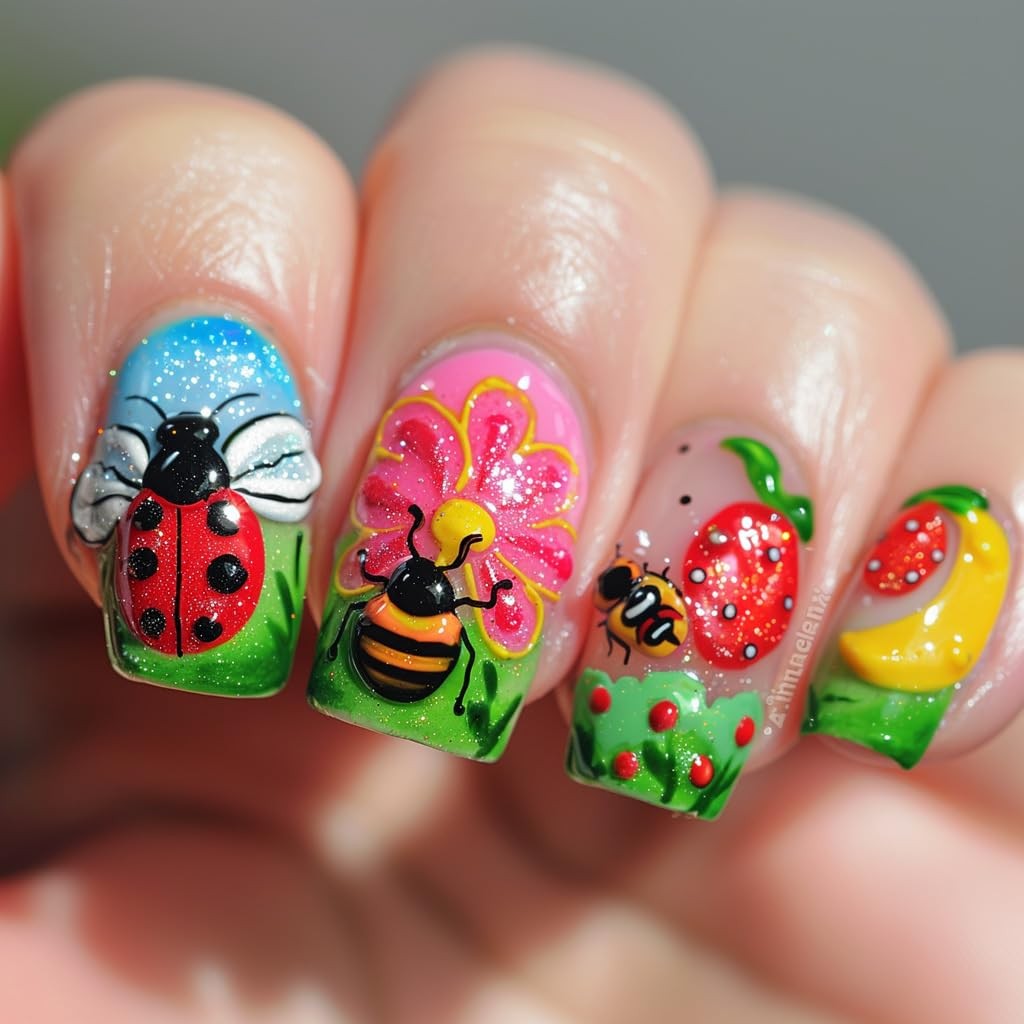 24Pcs Summer Press on Nails Short Square Fake Nails with Bee Ladybug Design G…
