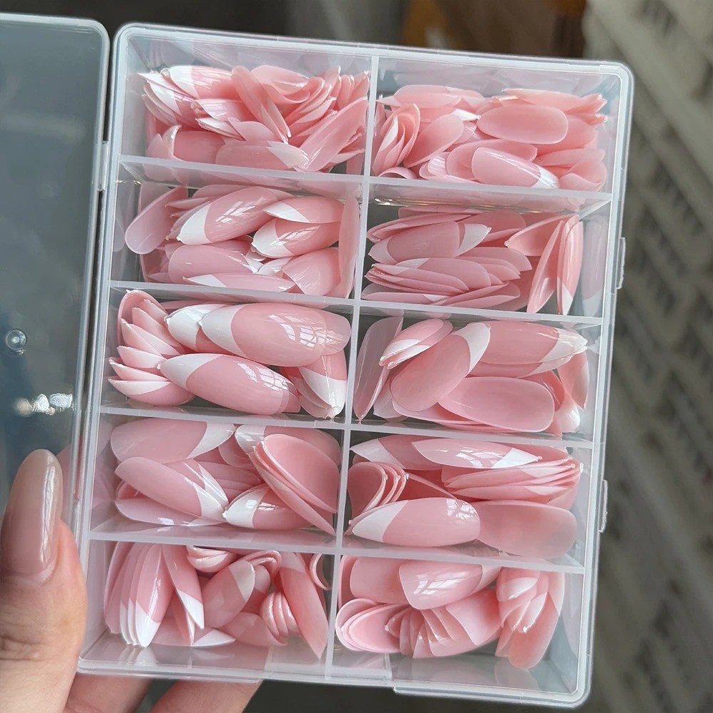 360/240/120pcs Light Pink Almond Press On Nails Glossy White French Fake Nail Si