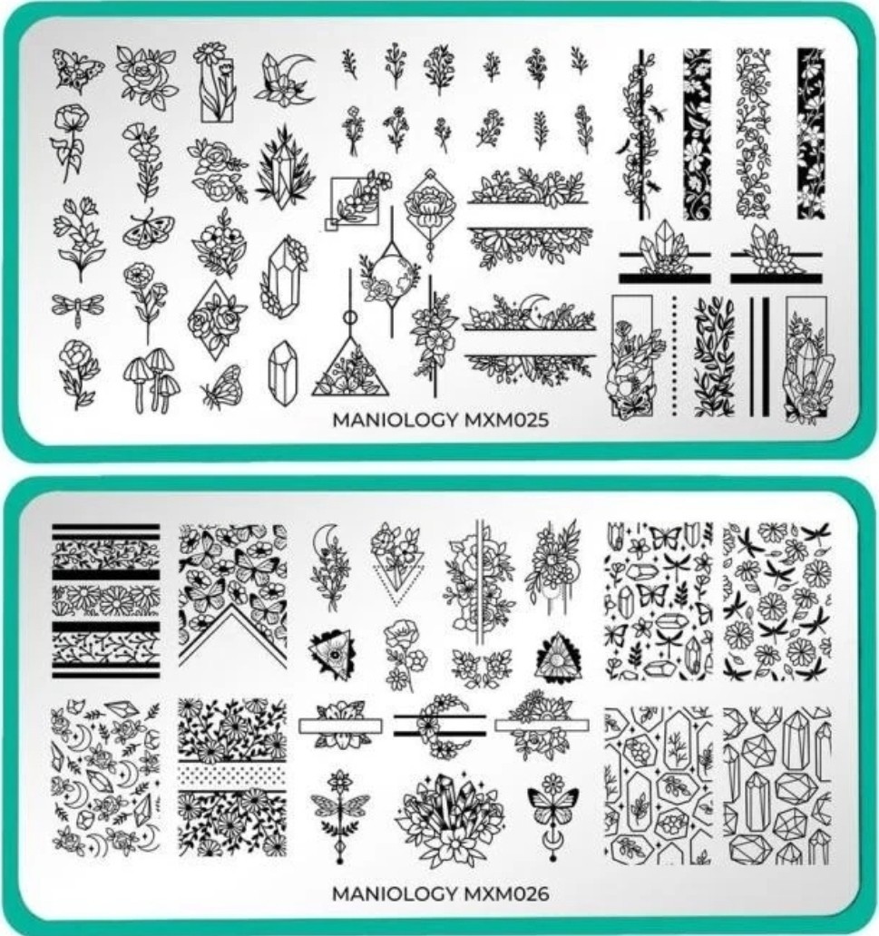 Maniology MXM025 MXM026 Diamond Gem Flowers Nail Stamp Plate HTF Complete set