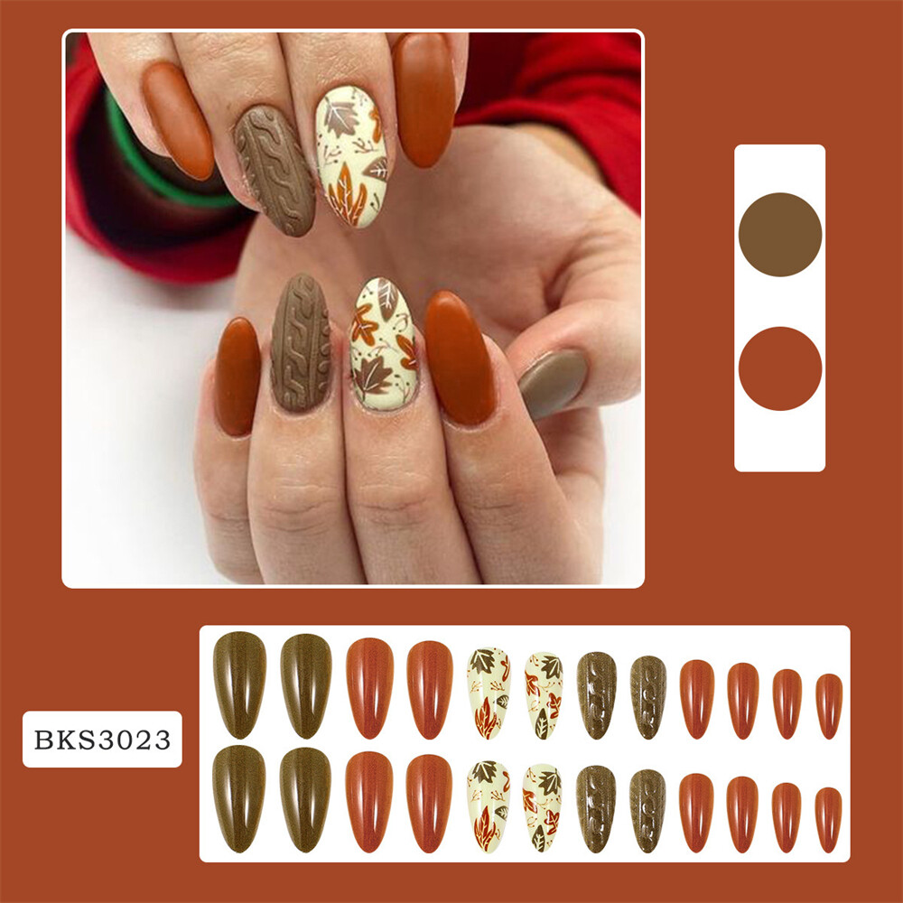 Short Almond Press-On Fake Nail Maple Leafs Thanksgiving Day Fall Manicure 24pcs
