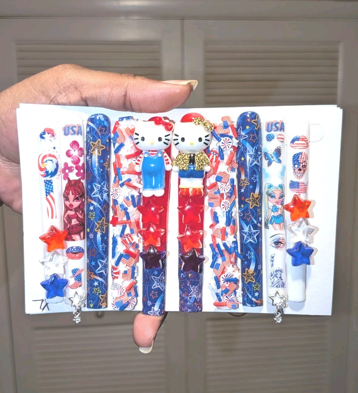 Hand Crafted Patriotic 6Xl Press-On Nails Set — Red,White & Blue Stars SZ XL