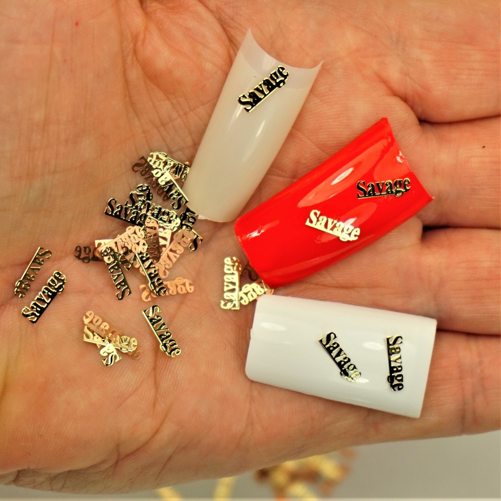 25 GOLD METAL “SAVAGE” NAIL CHARMS NAIL DECALS SMALL GIFT IN BOX FOR WOMEN