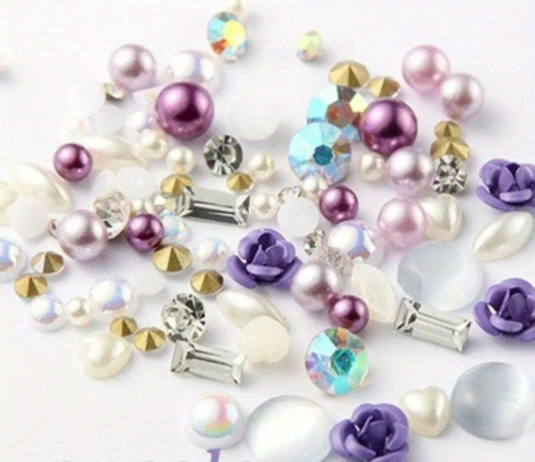 2 Lots 3D Nail Art Charms Flowers Crystal Rhinestones Pearls Purple Teal Blue