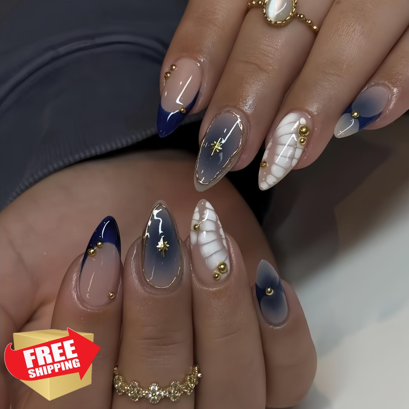 24Pcs Ombre Blue Press on Nails Medium Almond Fake Nails with Star Rhinestone…