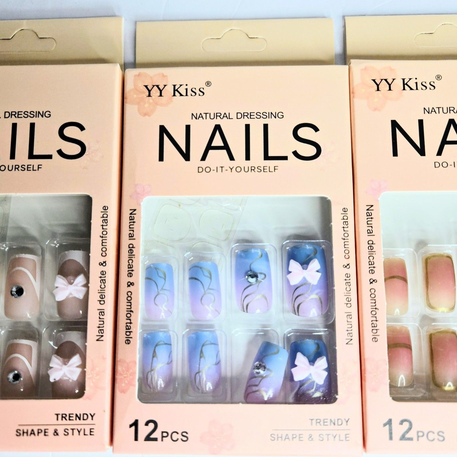 PRESS-ON NAILS Pack of 3 Set with 12 Pieces Each YY Kiss Natural Dress NEW NIB