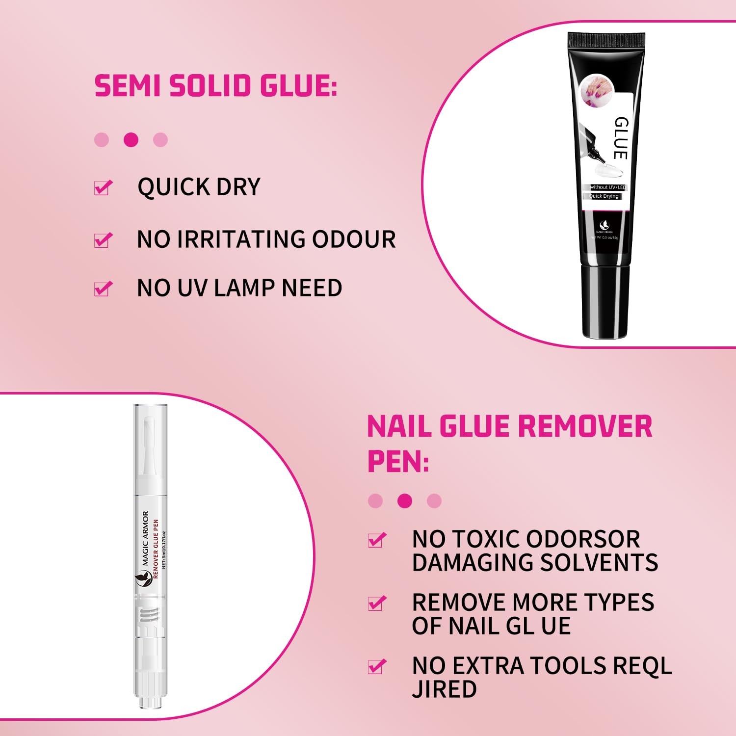 15g Semi Solid Nail Glue with 5ml Remover for Press On Nails, No UV Lamp