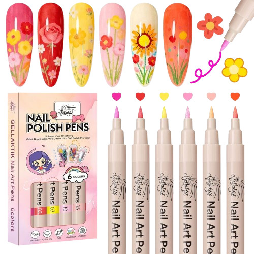 6 Colors Nail Art Pens Set, 3D Nail Polish Pens Quick-Drying Acrylic Paint Marke