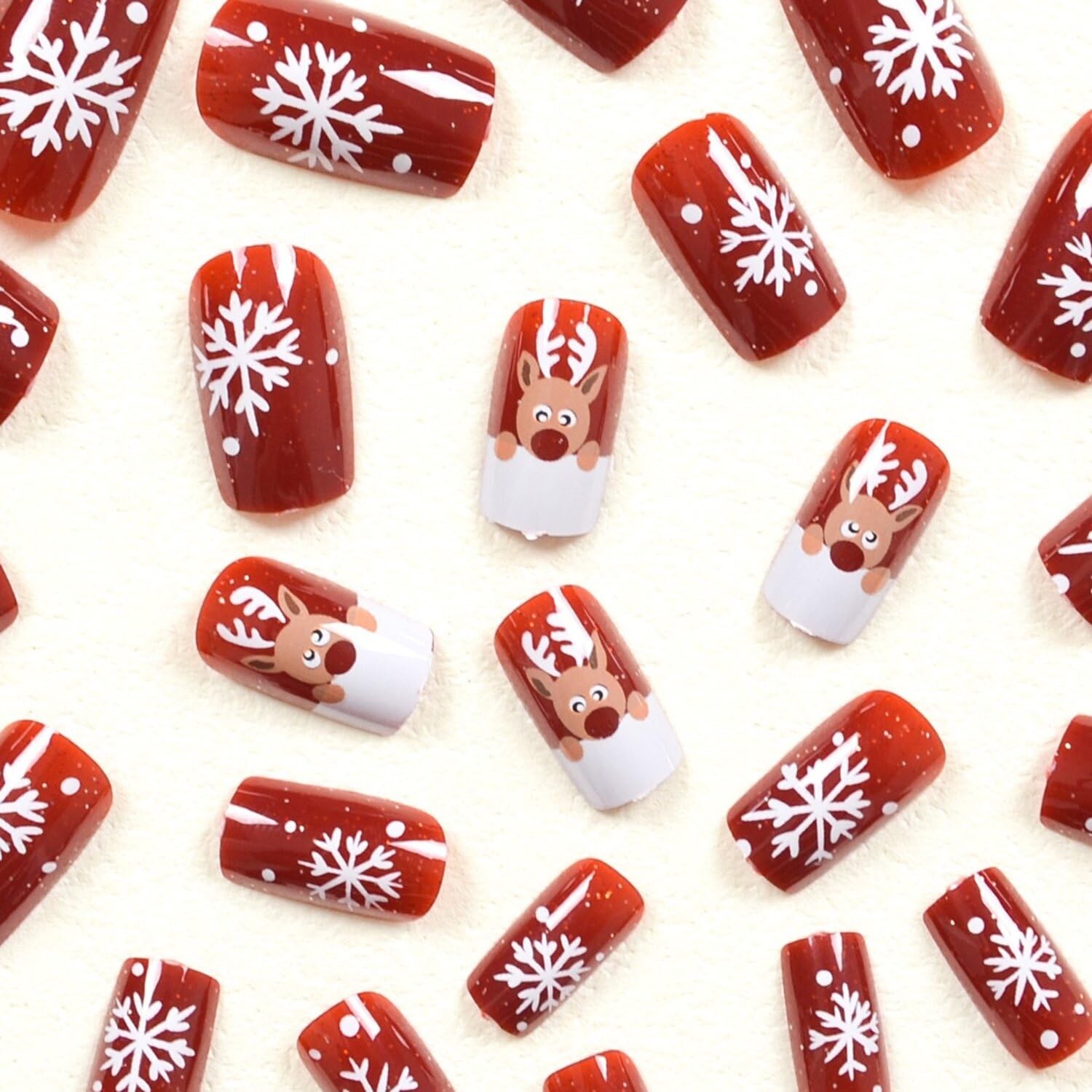 Christmas Press on Nails Short Square Red with White Snowflake Design Cute