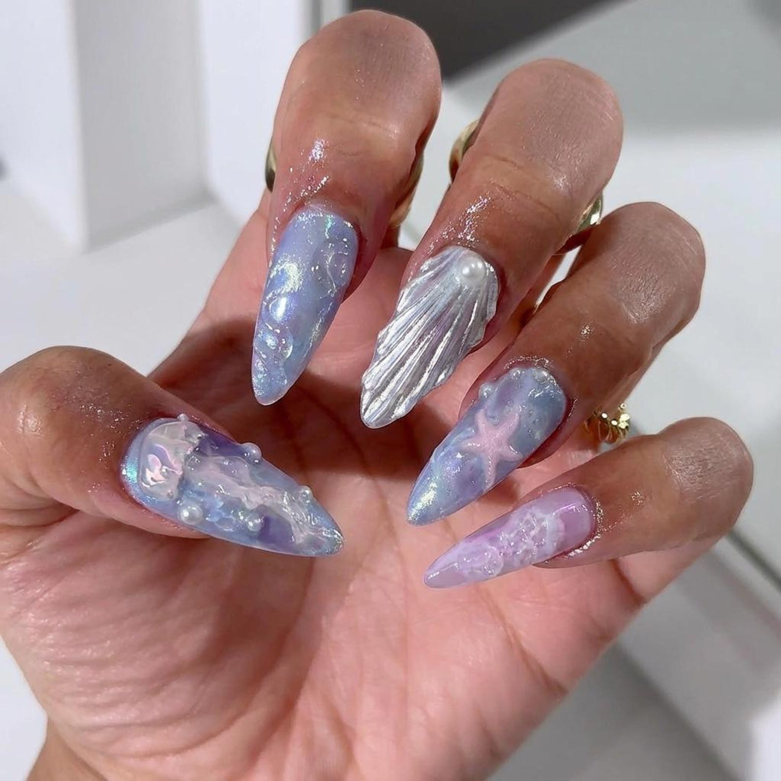 Handmade Purple Blue Mermaid Glitter Seashell Starfish Stiletto Press on Nails