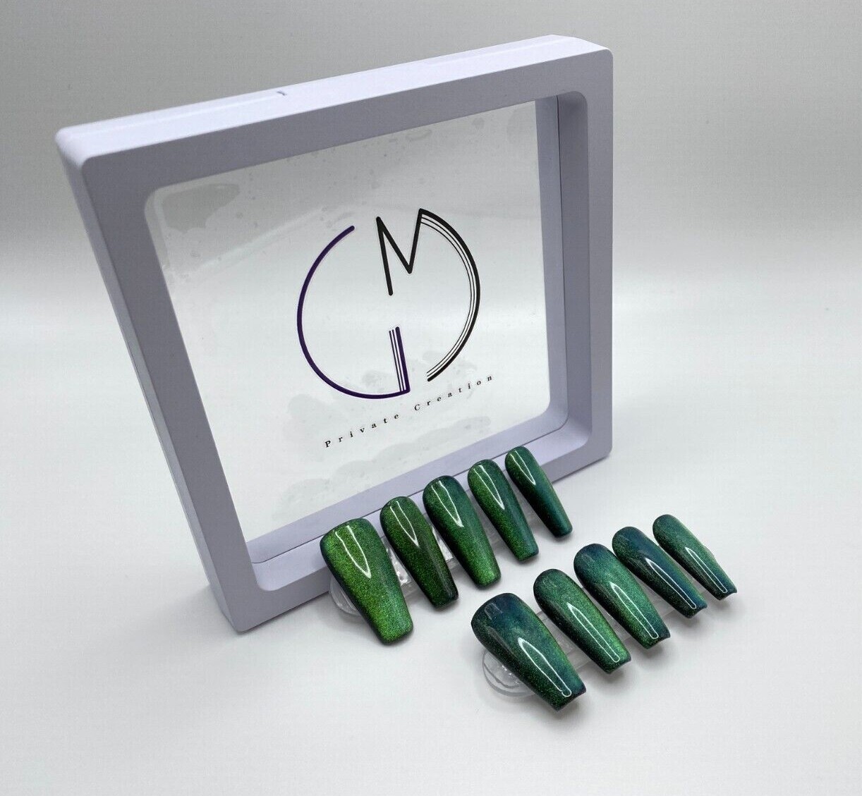 Witchy Blue Green Color-Shifting Cat Eye Coffin Press on Nails Hand Painted Nail