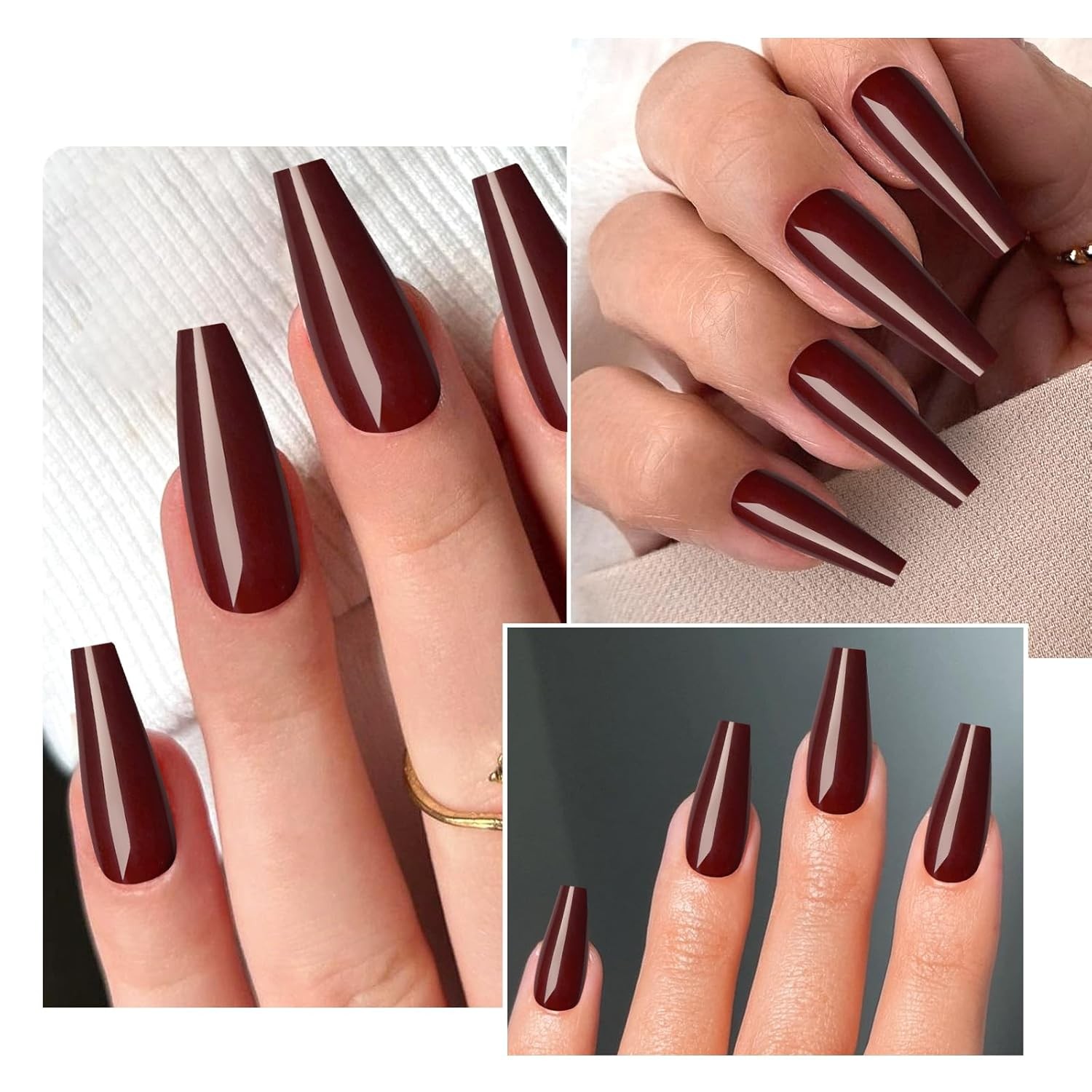 120PC Burgundy Coffin Press on Nails Long Fake 12 sizes, Wine Red