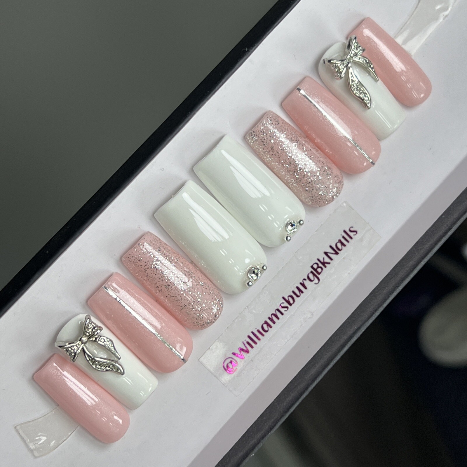 🎀 CUSTOM Gel Press On Nails, Pink BOW W/ Bling 10p set FULL SET W Kit