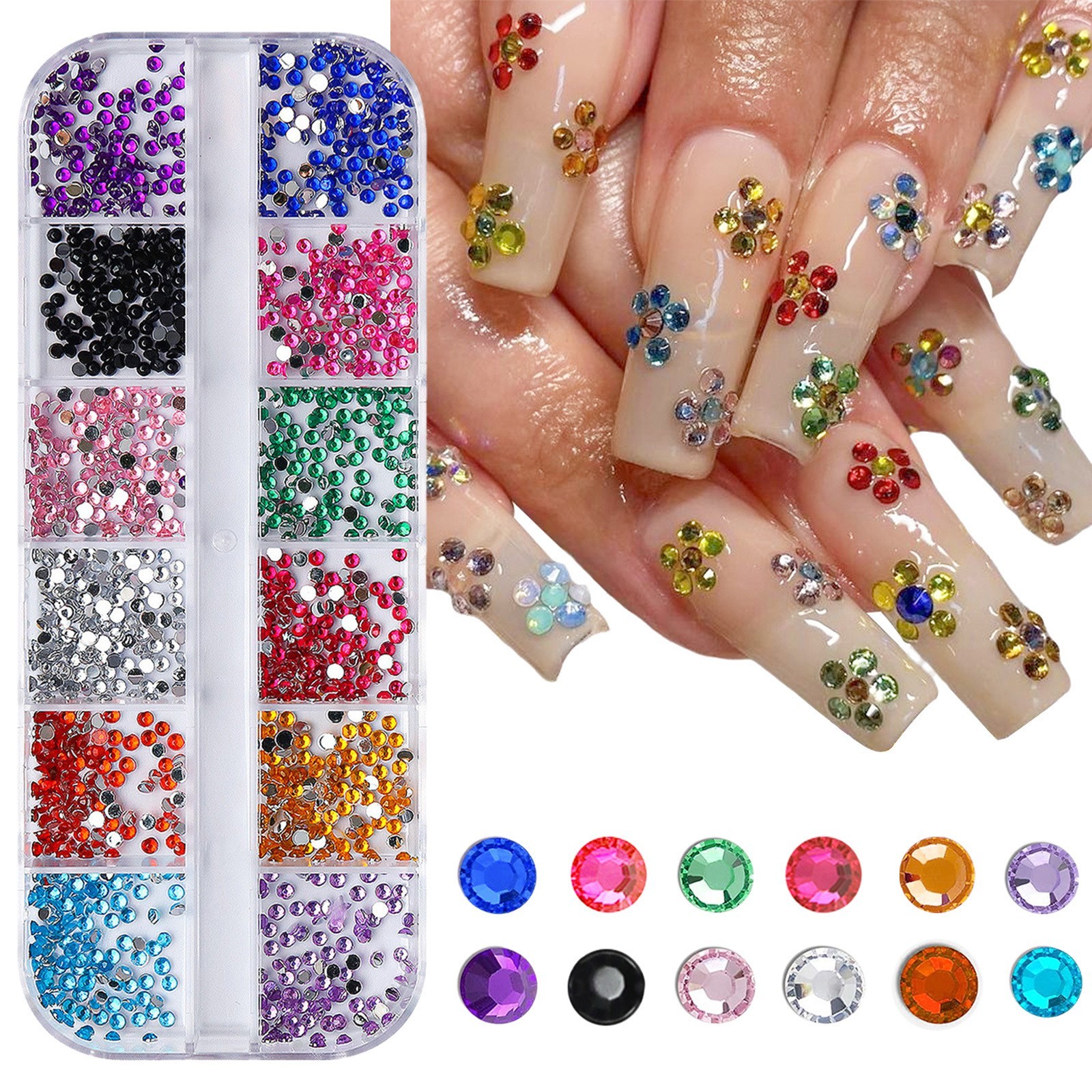 12 Grids Colorful Nail Art Rhinestones Glitter Flat Back Gems Tips DIY Decor