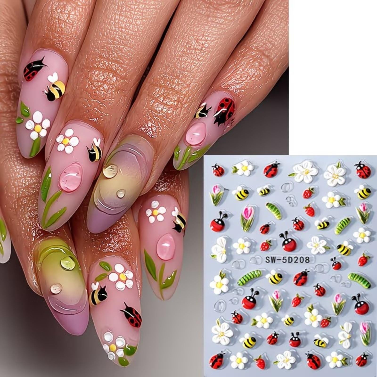 Spring Nail Art Stickers 5D Embossed Flower Nail Deals Bee Floral Ladybug Str…
