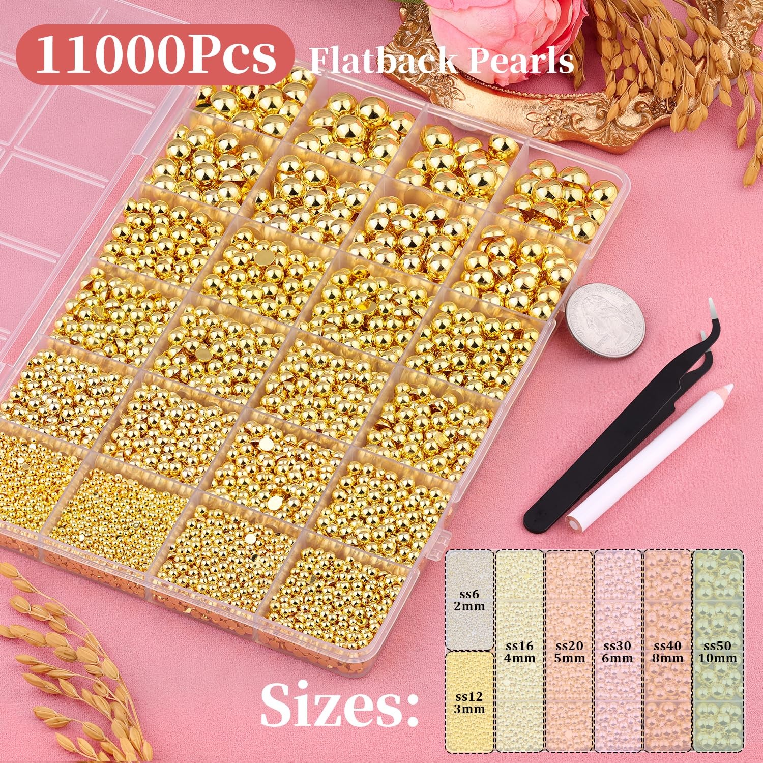 11000Pcs Flatback Pearls for Crafting (Gold), Assorted Size 2/3/4/5/6/8/10mm …