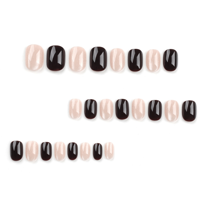 48pcs Short Almond Press on Nails, Black Brown Gold Cat Eye Glitter Mix Nails