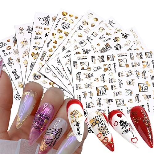 Gold Flowers Nail Art Stickers, Holographic Rose Floral Leaf Love Gold Floral