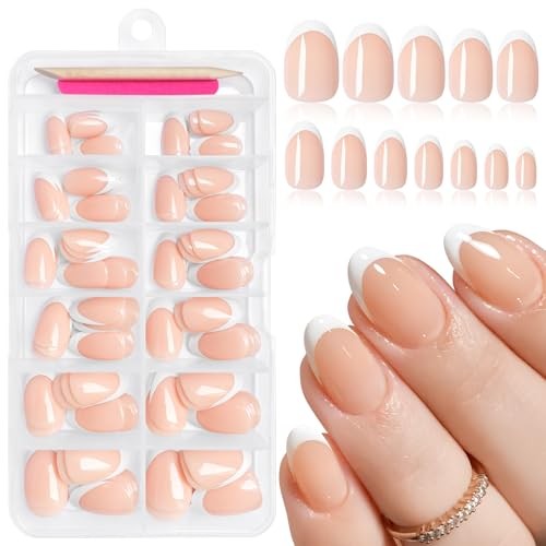 French Tip Press on Nails Short Oval Fake Nails, 120pcs Pale Pink & White