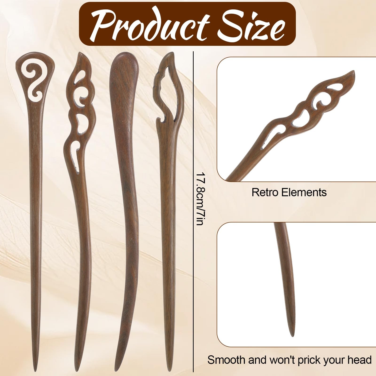4 Pcs Wooden Hair Sticks for Women, Hanfu Pins 1 Count (Pack of 4), Brown