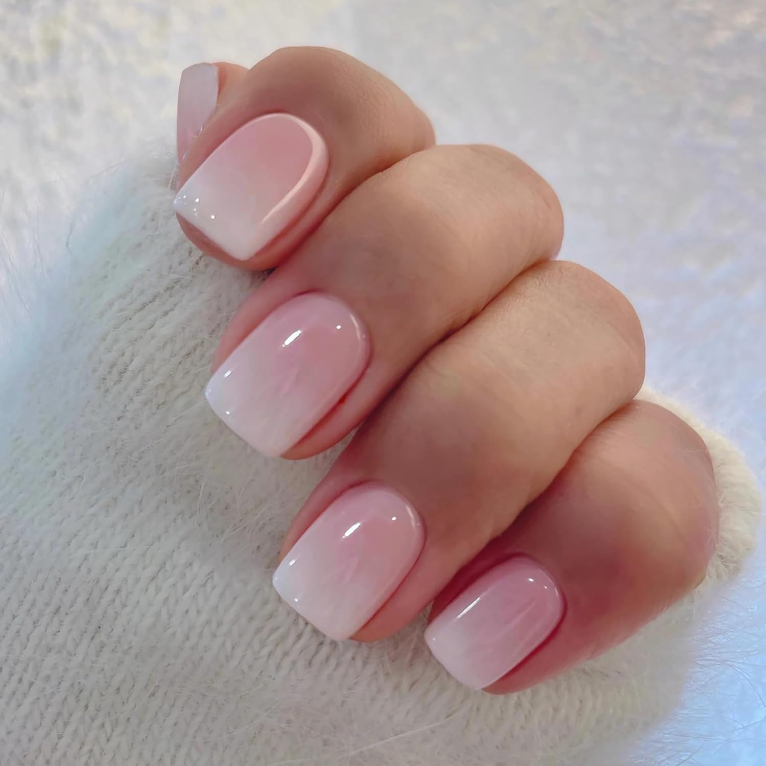 Press on Nails Square – French Ombre Pink Fake Nails Short Acrylic Full Cover Gl