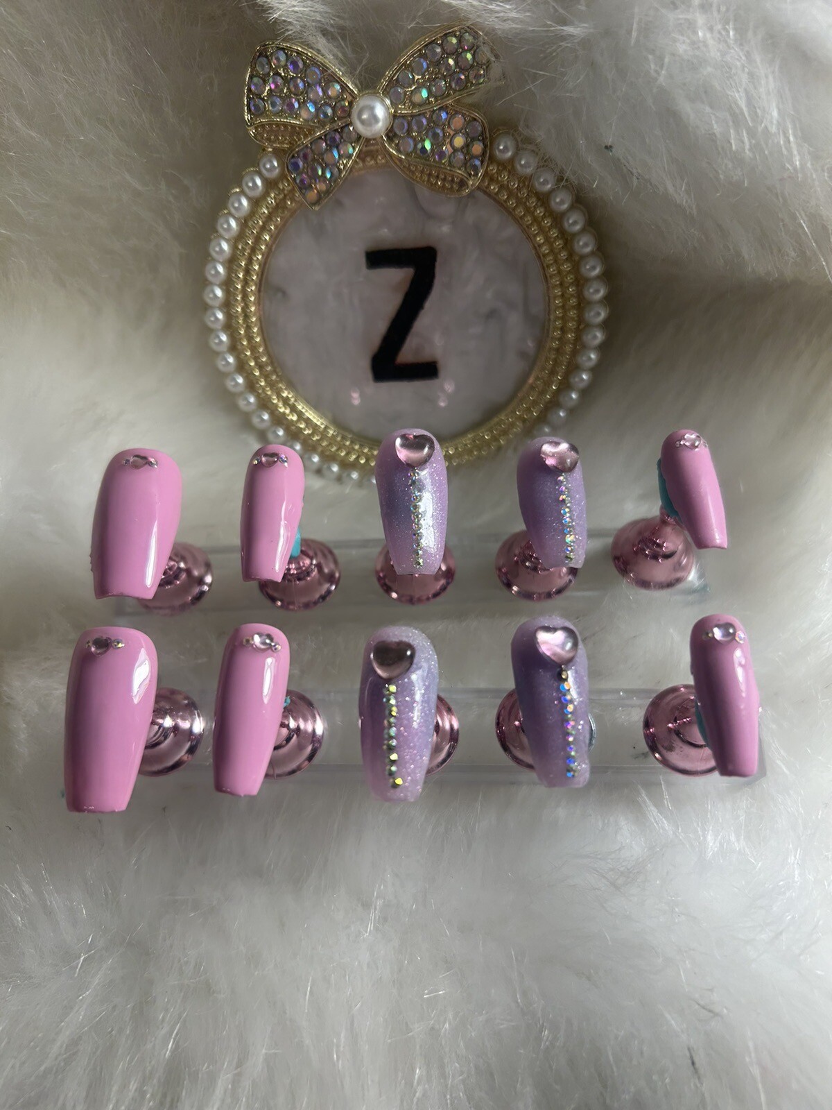 Z NAILZ! Handmade M Coffin Pink & Lilac Valentines Love Press on Nails