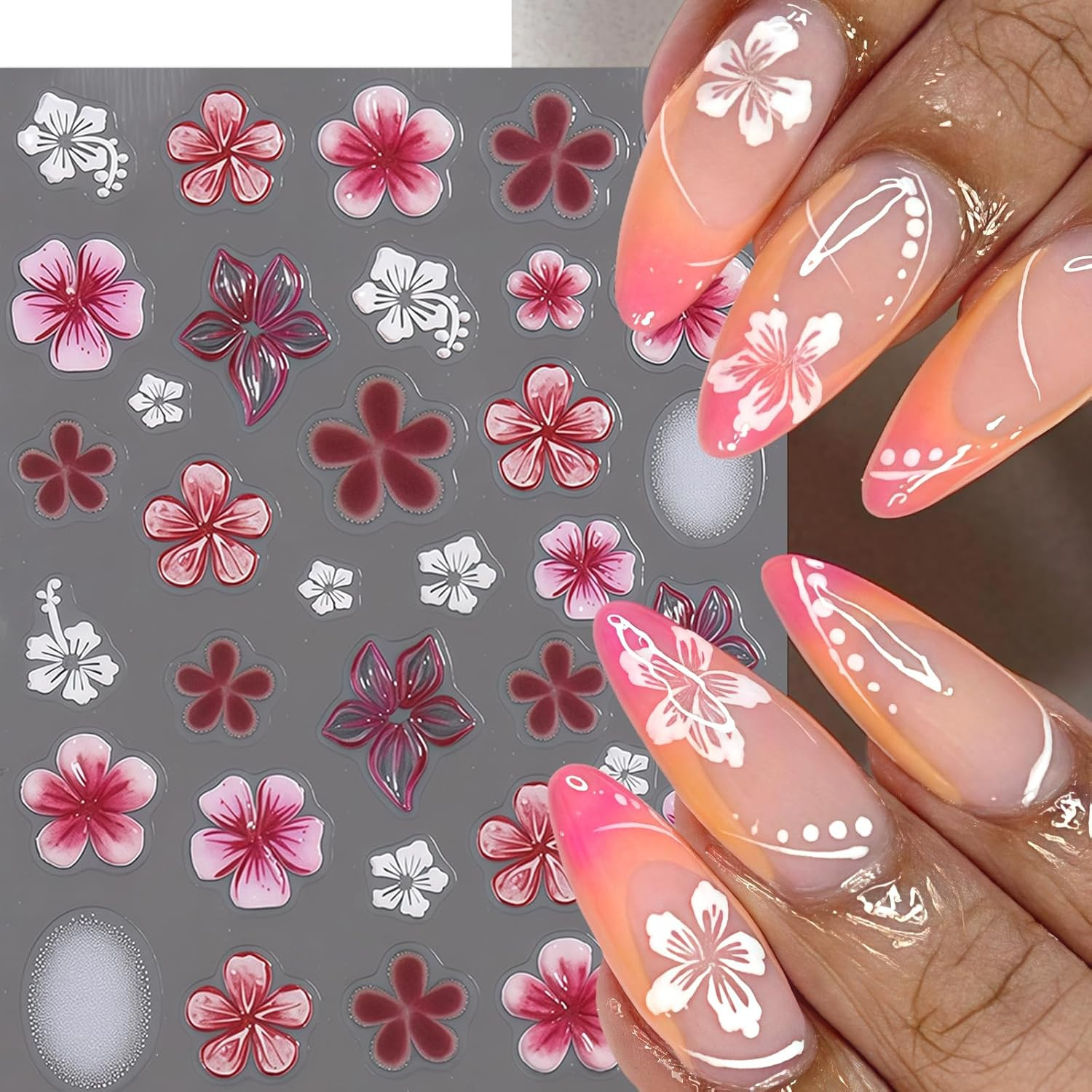 2 Sheets Flower Nail Stickers for Nail Art 5D Embossed Nail Decals Hibiscus Self