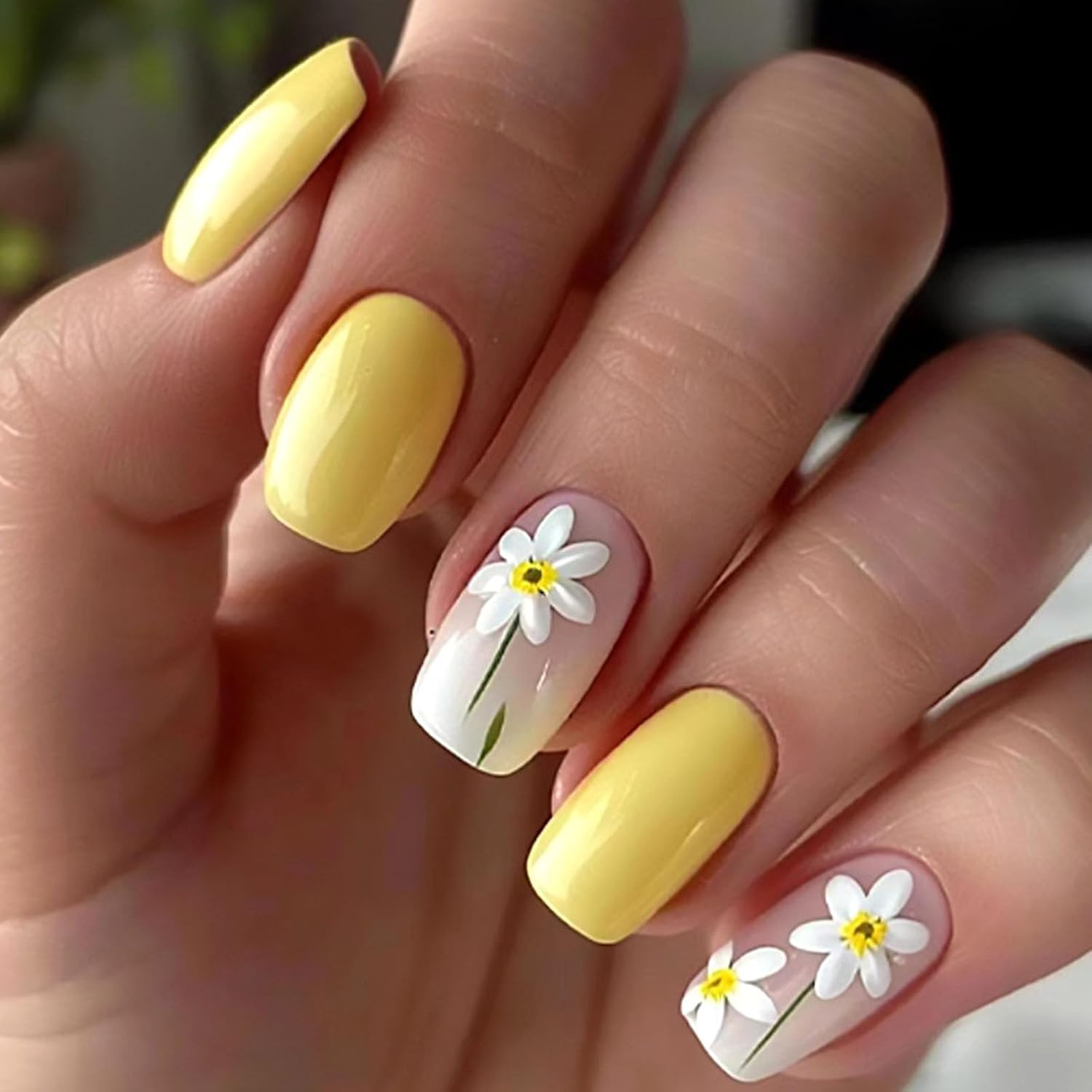 Medium Press on Nails Square White French Tip False Nails with Glitter Design Cu