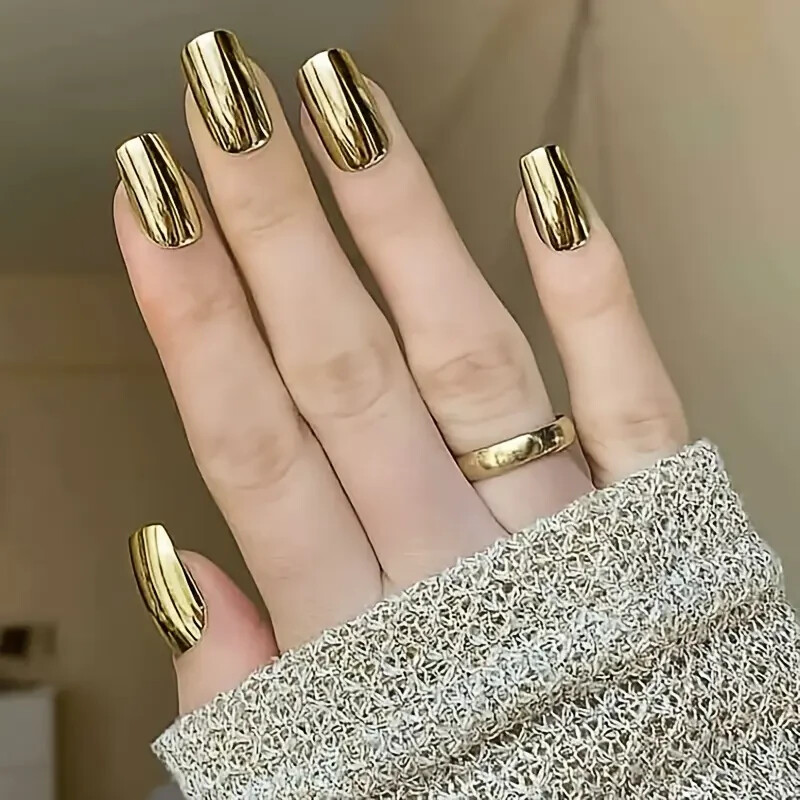 Shiny Punk Style Metallic Golden Color Press On Nails Chrome Mirror Fake Nails