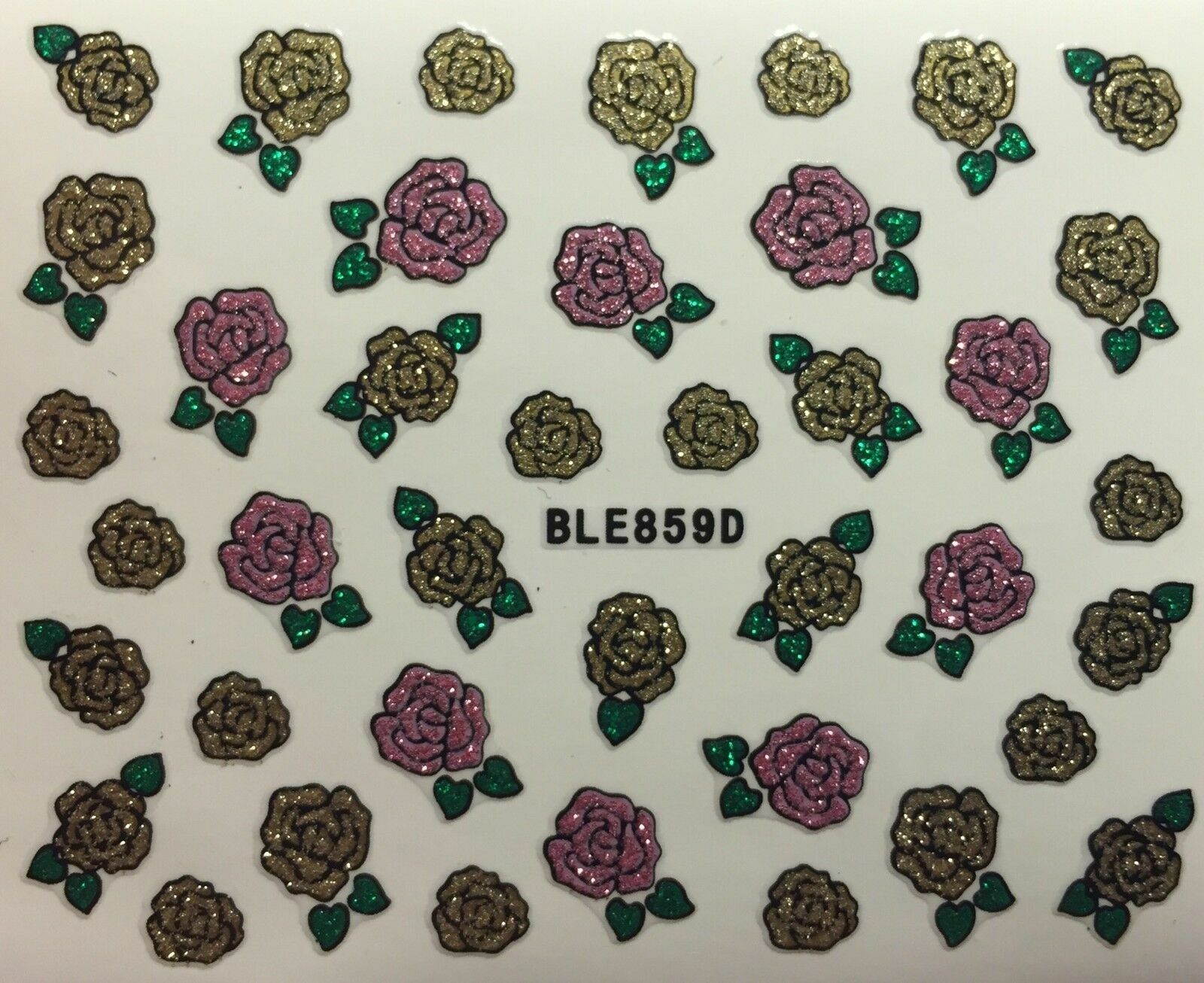 Nail Art 3D Decal Stickers Glittery Pink Gold Roses BLE859D