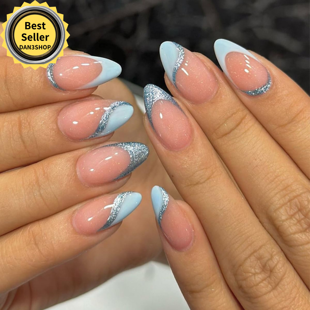 Light Blue French Tip Press on Nails Medium Almond – QUNQINLI Fake Design AB2…