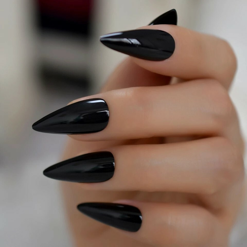 Long Black Stiletto Press On Nails Glossy goth wet look vinyl
