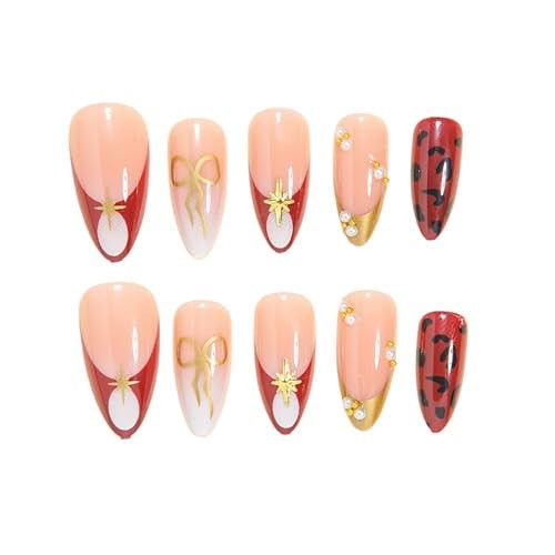 French Tip Gold Trim Acrylic Medium Almond Nude Pink Burgundy False Nails