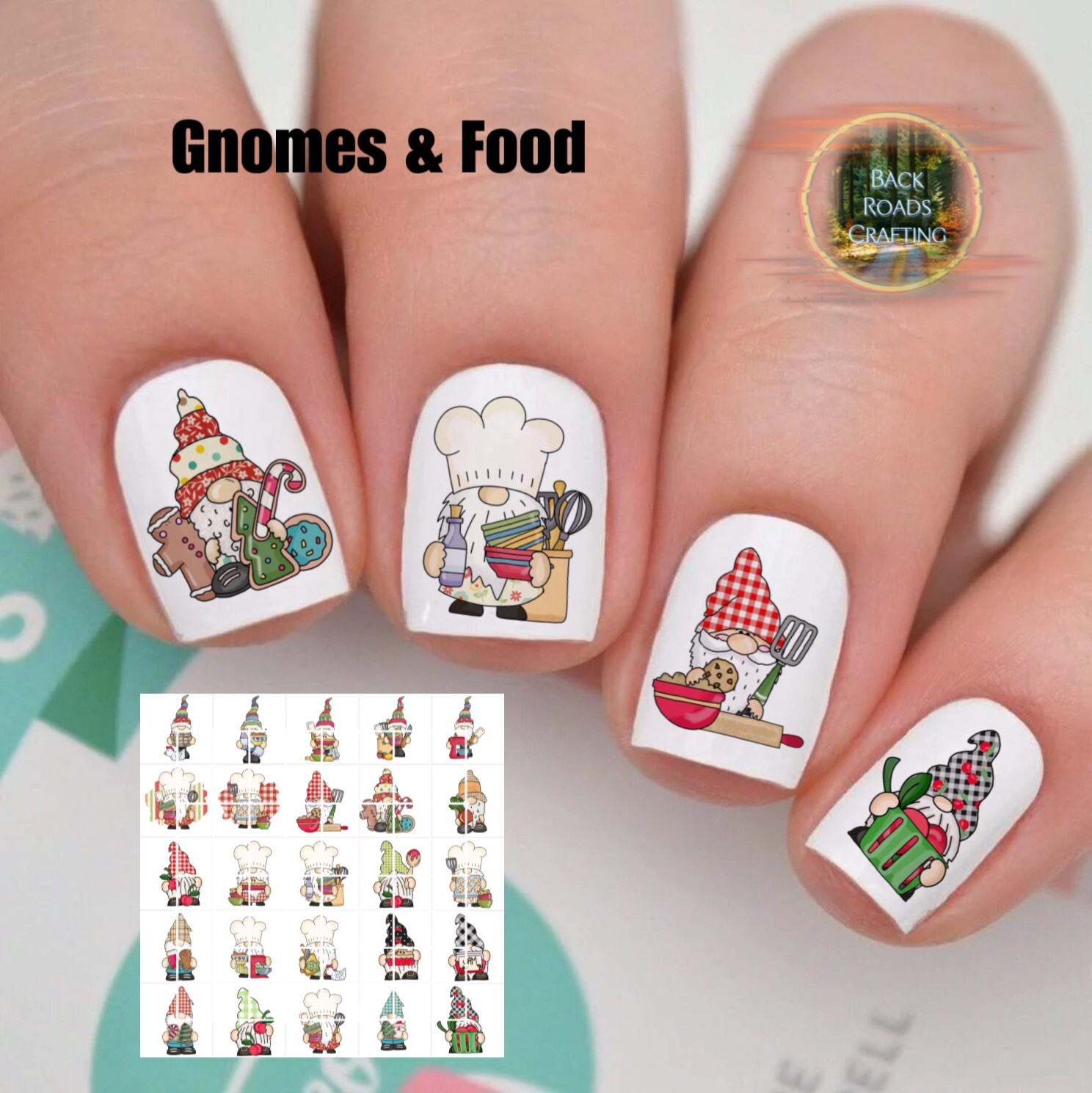Gnomes And Food Waterslide Water Nail Decals Set Of 50 Instructions & Bonus